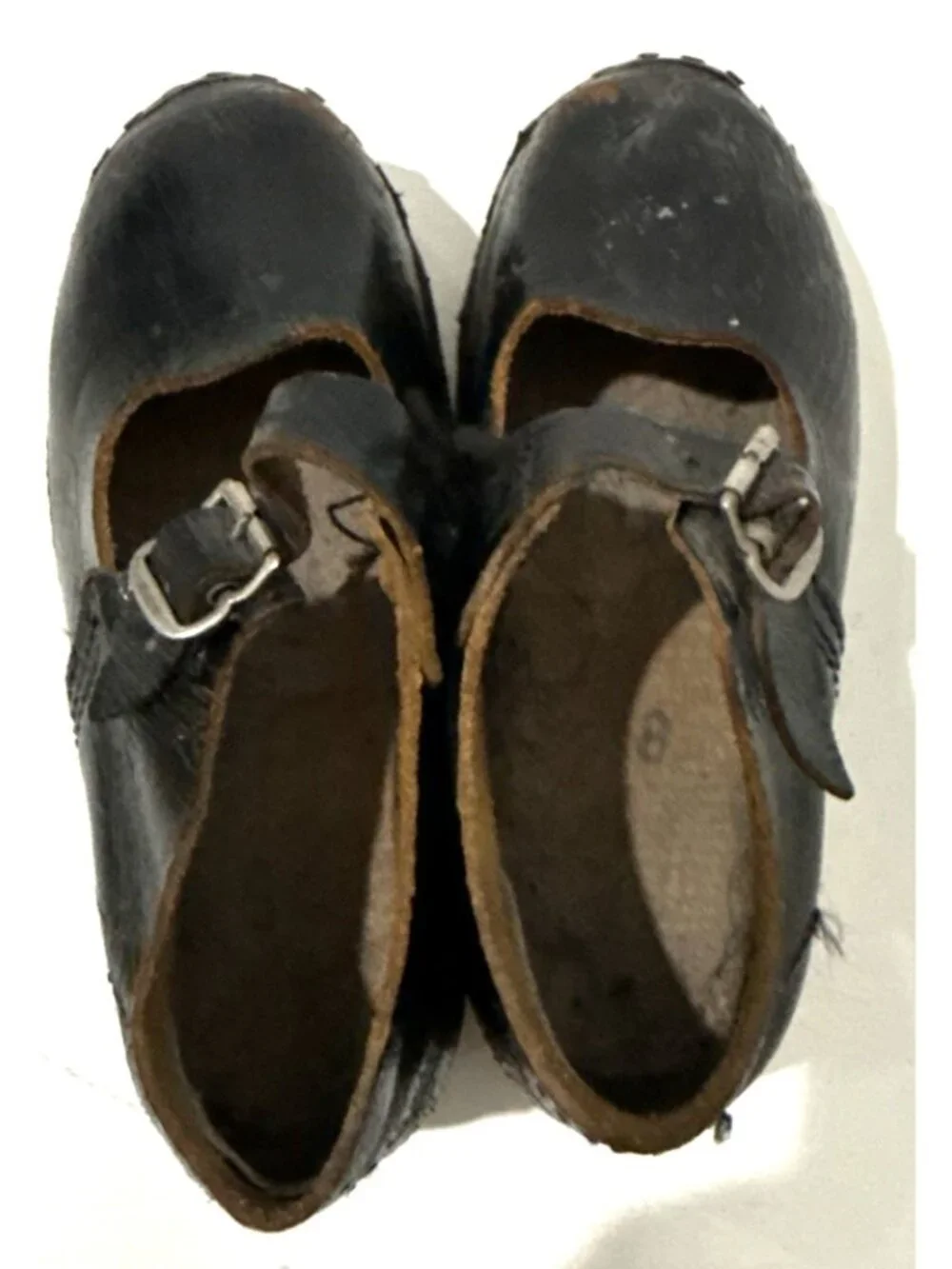 Antique Victorian Handmade Black Leather Wood Mary Jane Child Clogs Shoes Size 8